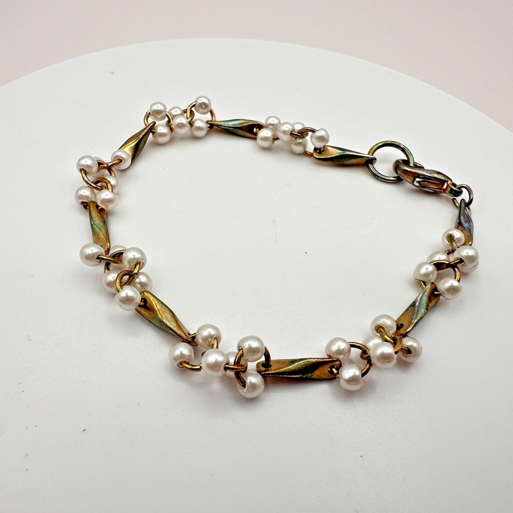 Vintage Y2K Faux Pearl Beaded Bracelet Gold Tone Boho Women's Jewelry